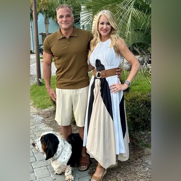 Bibhu Mohapatra Chic Black and White Maxi pleated Dress with Tan Accents size 16 - Picture 9 of 17